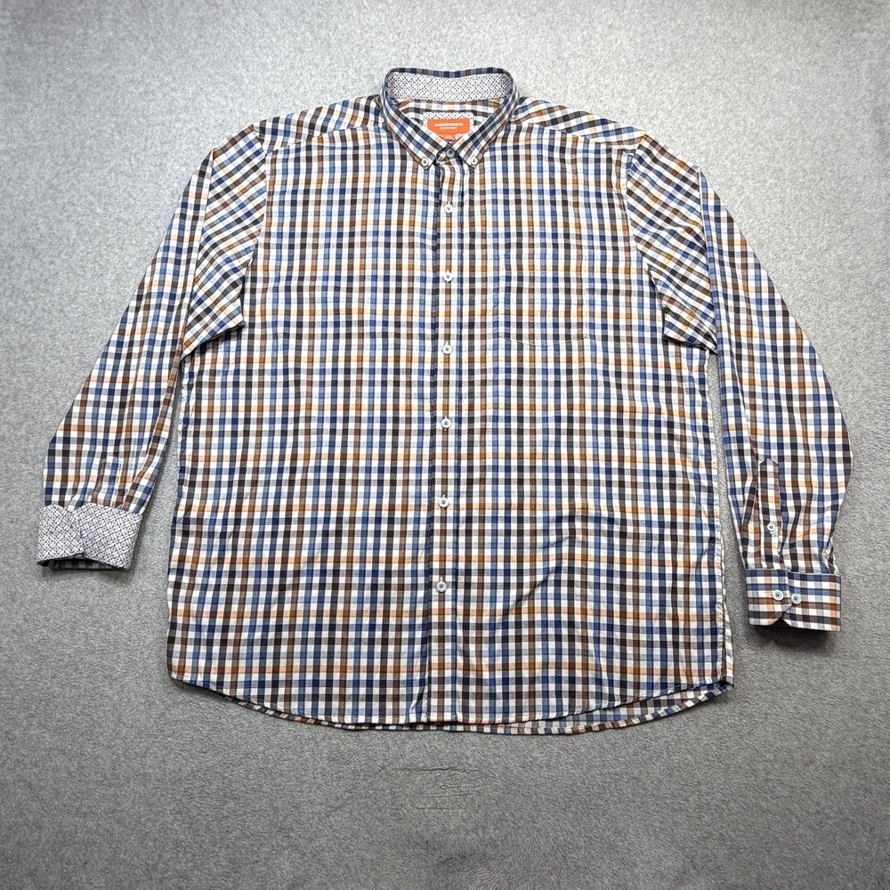 Johnston & Murphy Performance Shirt Men XXL Blue Orange Plaid Long Sleeve Button